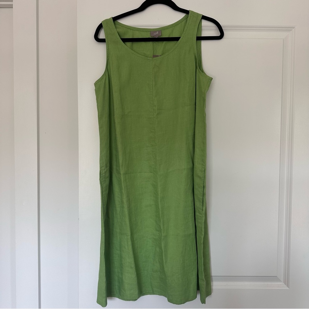 NWT! J Jill (M) Green Sleeveless 100% Linen Shift Dress Crewneck Lightweight